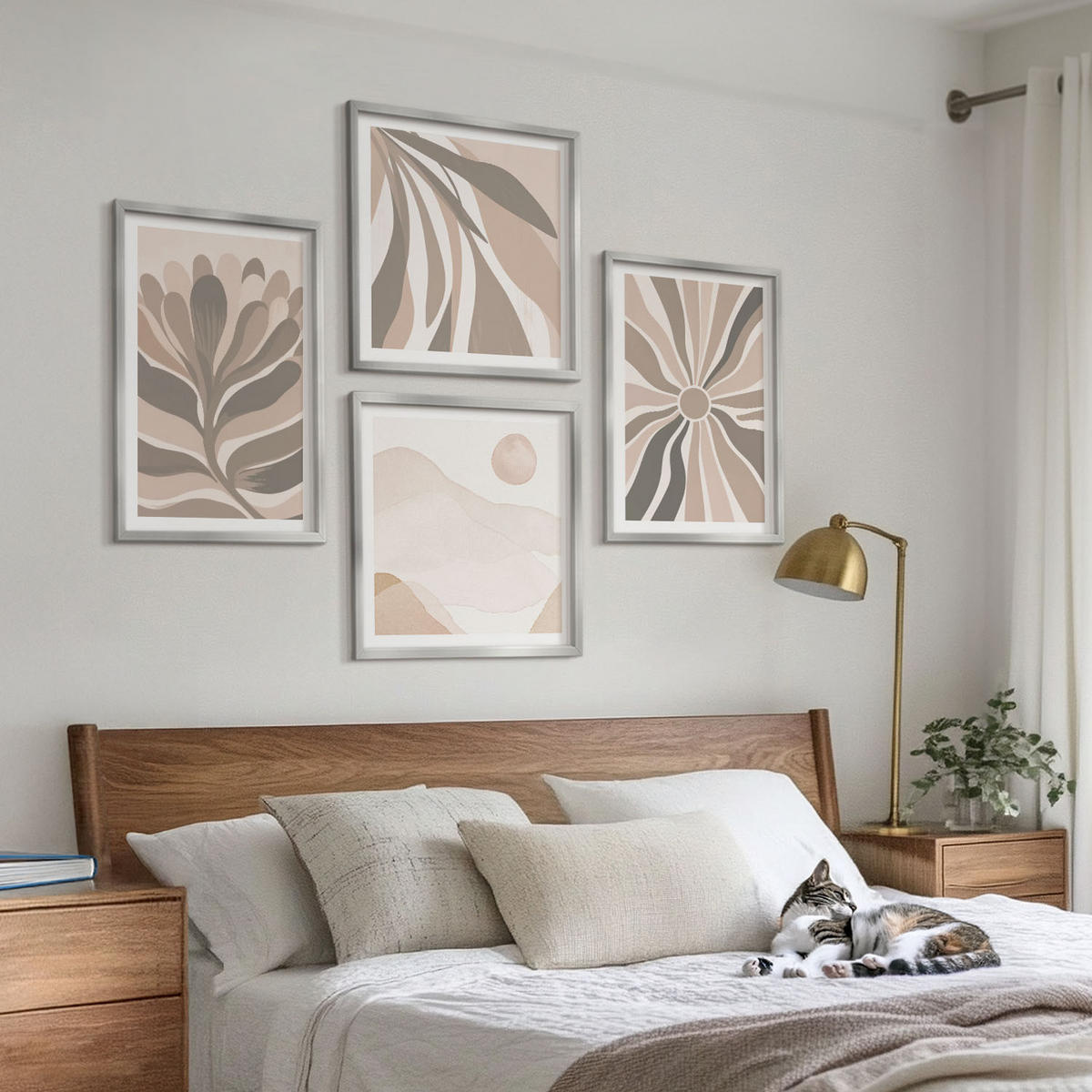 BILDER SET 4er Set - 50x50 cm & 40x60 cm Silberner Rahmen - Abstrakte Pflanzenmuster - Silberfarben, Kunststoff (50/50cm) - TULUP