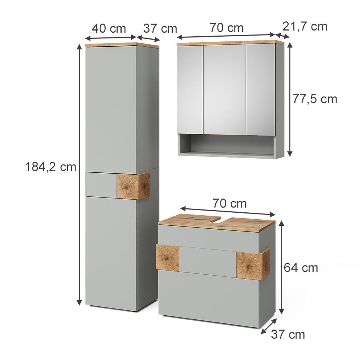 BADMÖBEL-SET Eden Grau/Artisan 3 Teile - Grau, Holzwerkstoff (70/64.5/37cm) - Vicco