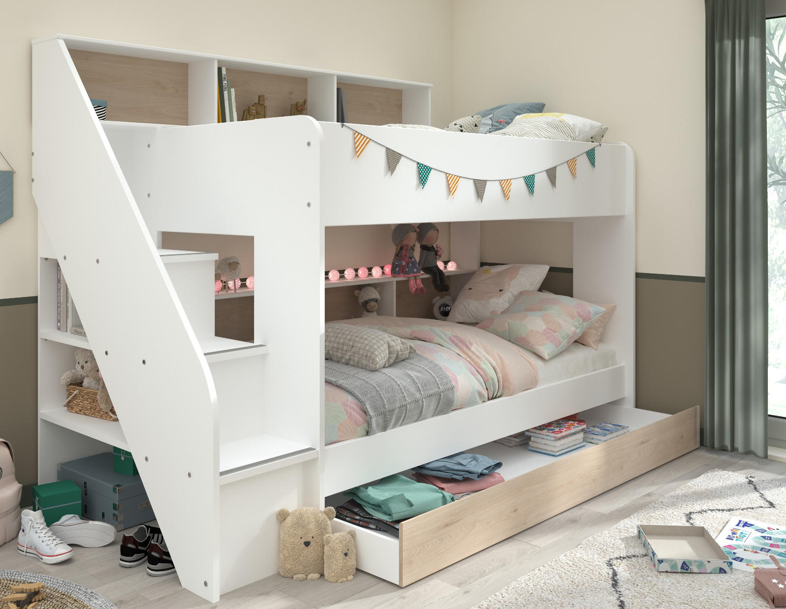 ETAGENBETT Jugendzimmer 2x Bett 90 x 200 cm mit Bettschubkasten - Eichefarben/Weiß, Holzwerkstoff (90/200cm) - Parisot Meuble