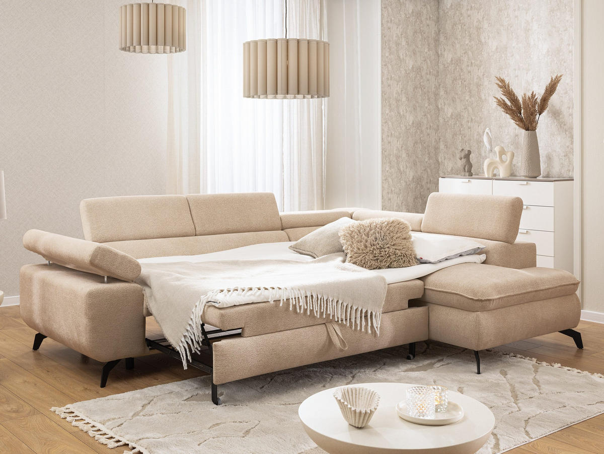 ECKSOFA mit Schlaffunktion und Bettkasten Bonnie aus Taupe Chenille-Stoff mit verstellbaren Kopfstützen und Armlehne - Ottomane rechts - Taupe/Schwarz, Holz/Textil (275/210cm) - S-Style Möbel