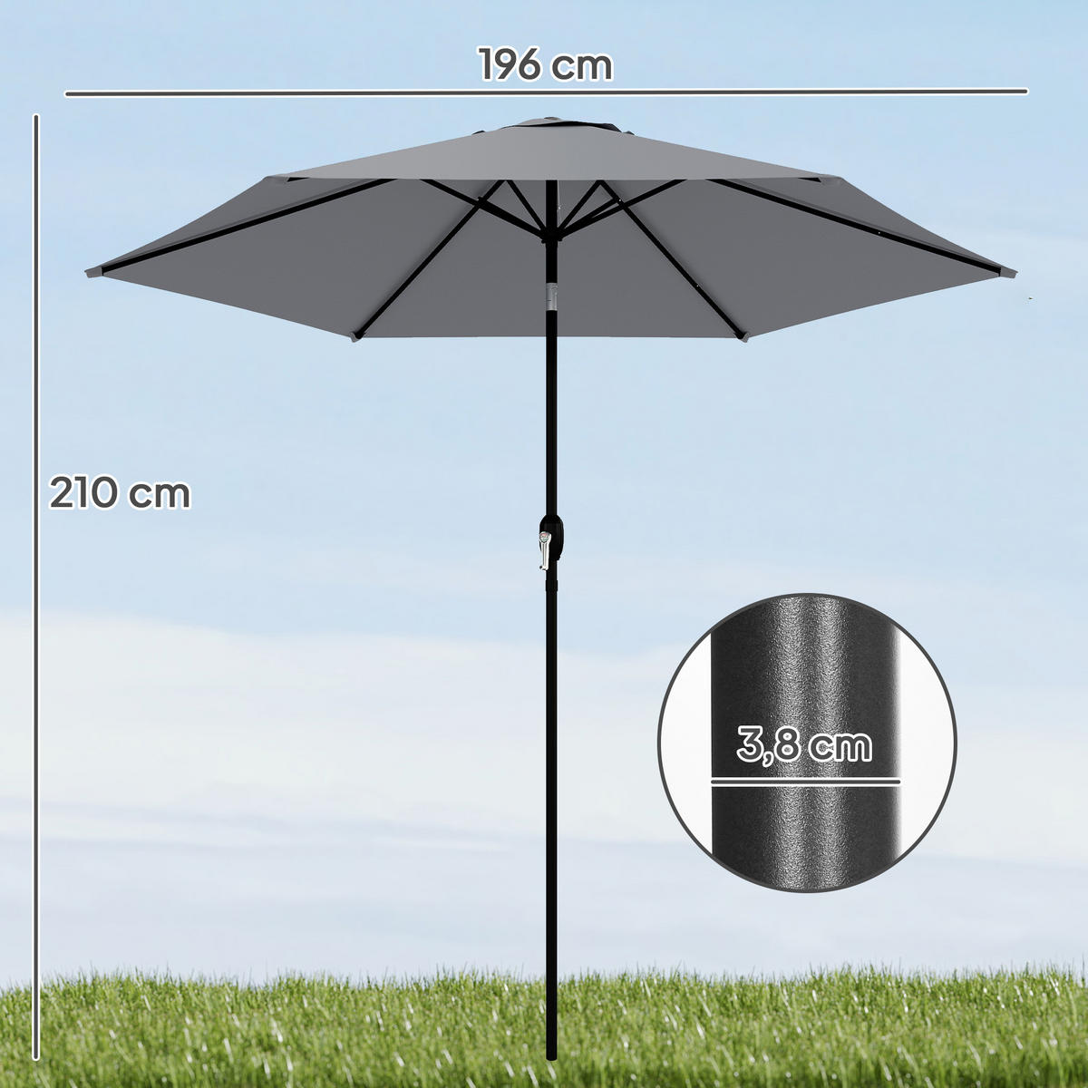 SONNENSCHIRM rund 200 cm DE-11607 neigbar Dunkelgrau - Dunkelgrau, Metall (196/196cm) - ComfortXL