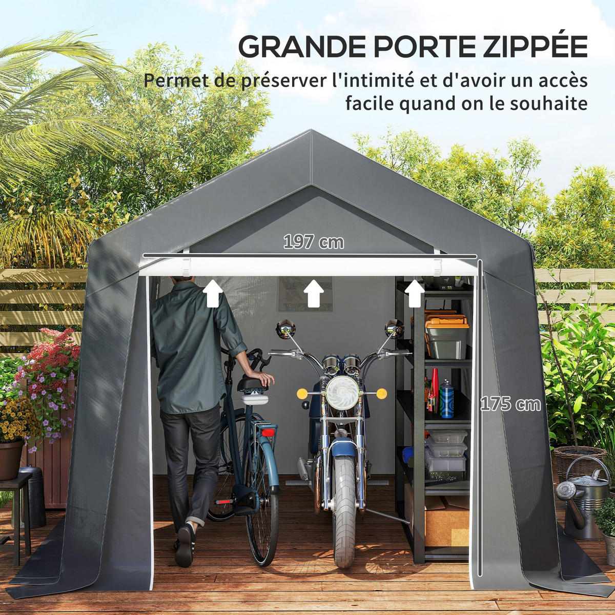FAHRRADGARAGE DE-16846 3x3 m mit großer Reißverschlusstür Grau - Dunkelgrau, Kunststoff (300/235/302cm) - ComfortXL