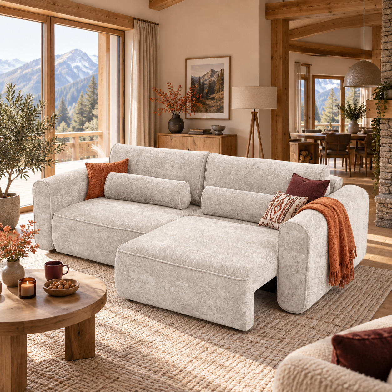 ECKSOFA MOTION mit Schlaffunktion 130x200 Webstoff Beige - Beige/Schwarz, Holz/Textil (250/166cm) - Muffo