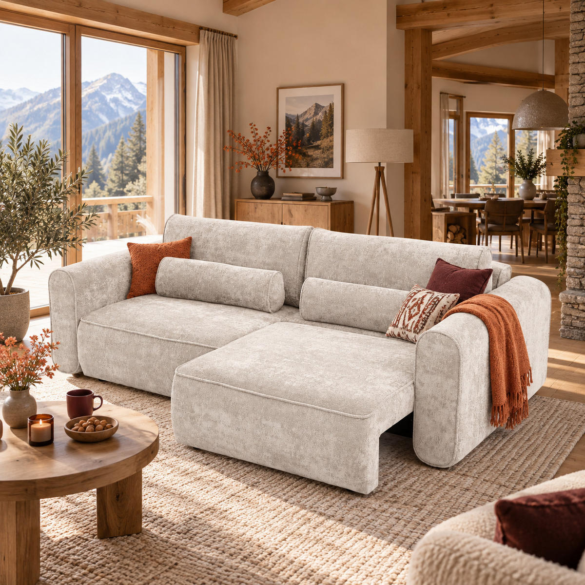 ECKSOFA MOTION mit Schlaffunktion 130x200 Webstoff Beige - Beige/Schwarz, Holz/Textil (250/166cm) - Muffo