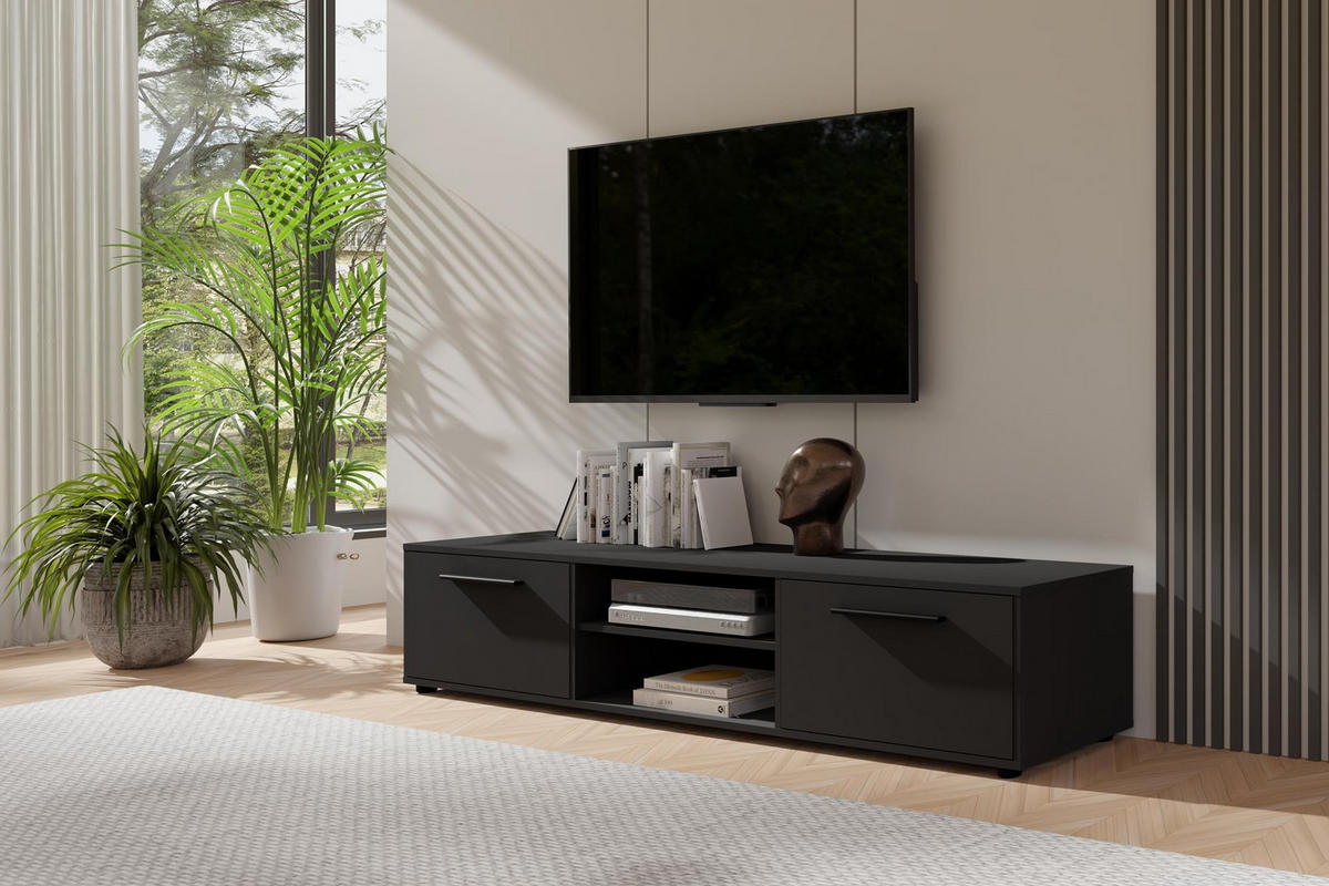 RTV-SCHRANK Maxivo 190 Schwarz, breiter zweitüriger TV-Tisch - Schwarz, Holzwerkstoff (190/38/40cm) - Bettso