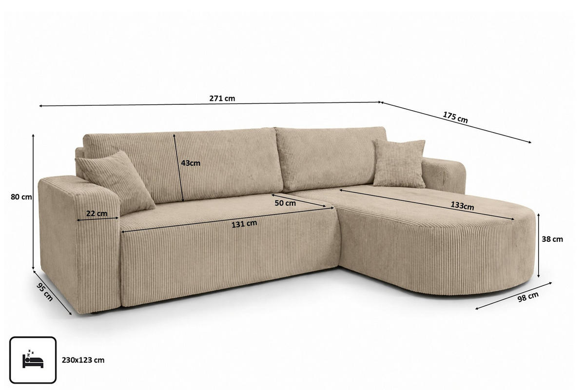 ECKSOFA Mit Schlaffunktion, Cordstoff Poso, Dunkelbeige, Rechts, ROUND ONE XL - Beige, Holz (271/175cm) - Kaiser Möbel