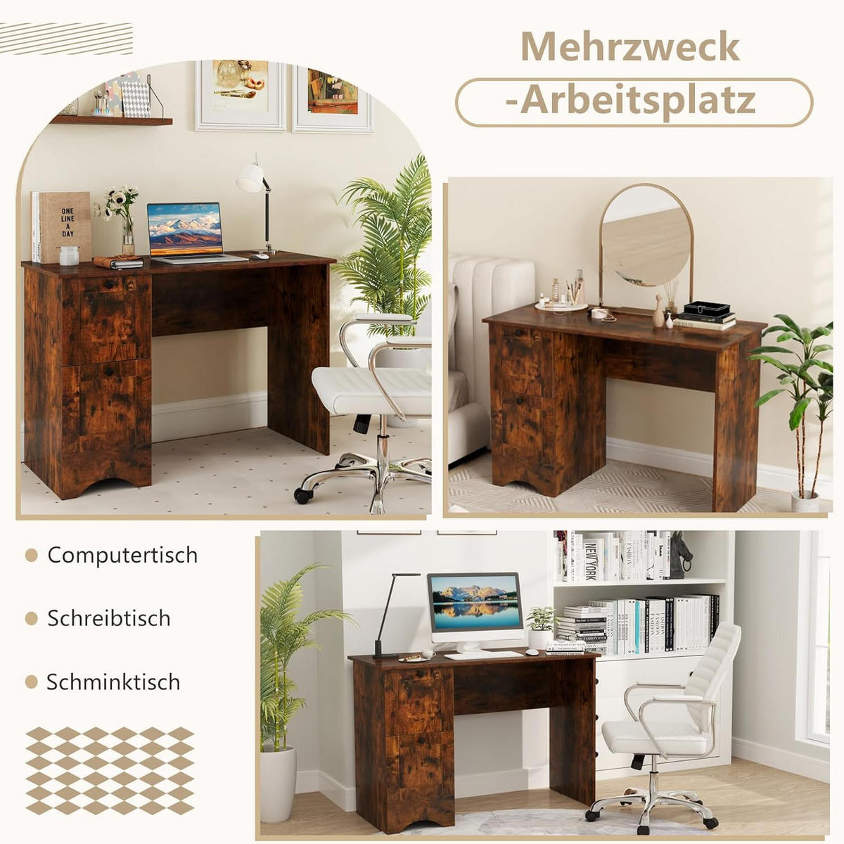 DATORBORD Brunt - Brun, Träbaserade material (50/109/75cm) - COSTWAY