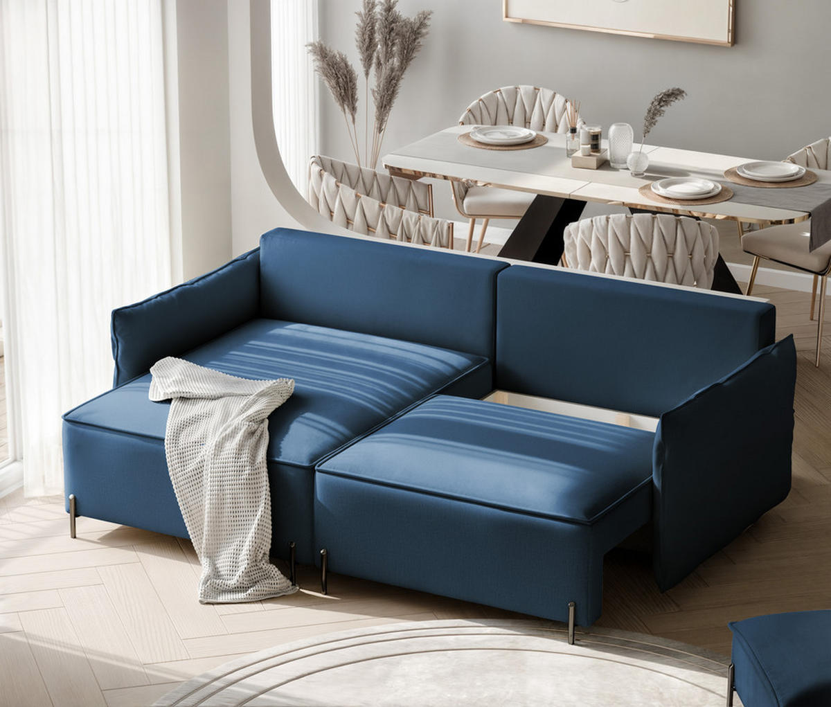 ECKSOFA MARCO Links, mit Schlaffunktion und Bettkasten, Marineblau - Dunkelblau, Textil/Metall (221/148cm) - Idohome