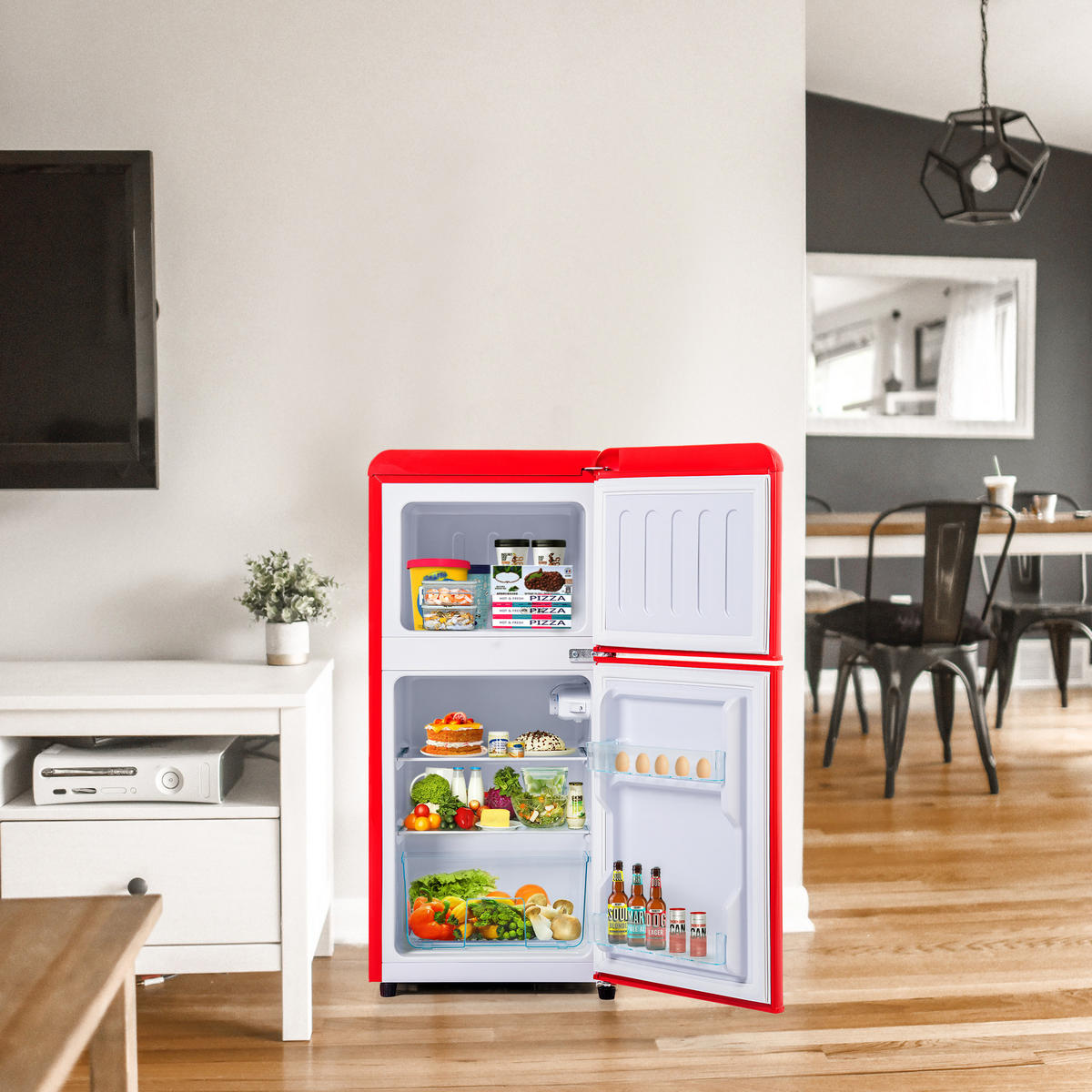 KUHLSCHRANK 45.5/42/88.8 cm Rot 60L mit LED-Licht, Energieklasse E - Rot, Metall (45.5/88.8/42cm) - Oxeza