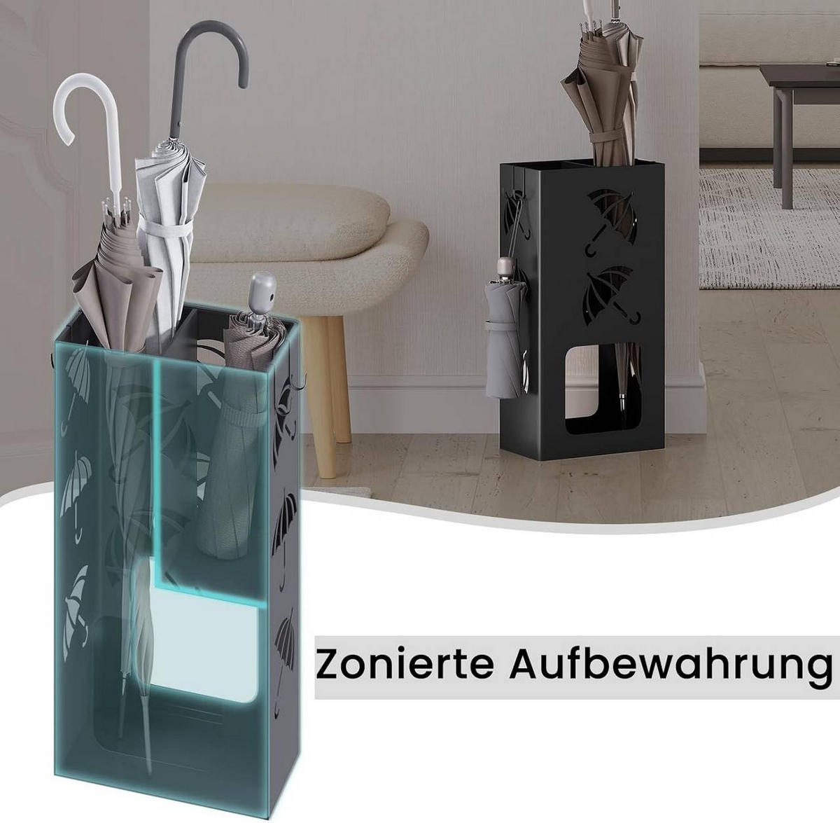 SCHIRMSTÄNDER 2 Slots, 4 Haken, Metall , Anthrazit - Anthrazit, Metall (25/49/15cm) - Woltu