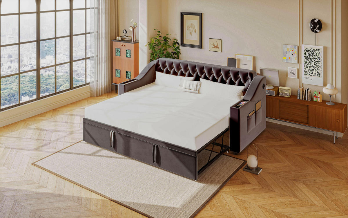 SCHLAFSOFA 90/180x190 cm mit USB, Ablage und Samtbezug, Dunkelgrau - Grau, Textil (215/78.5/98.5cm)