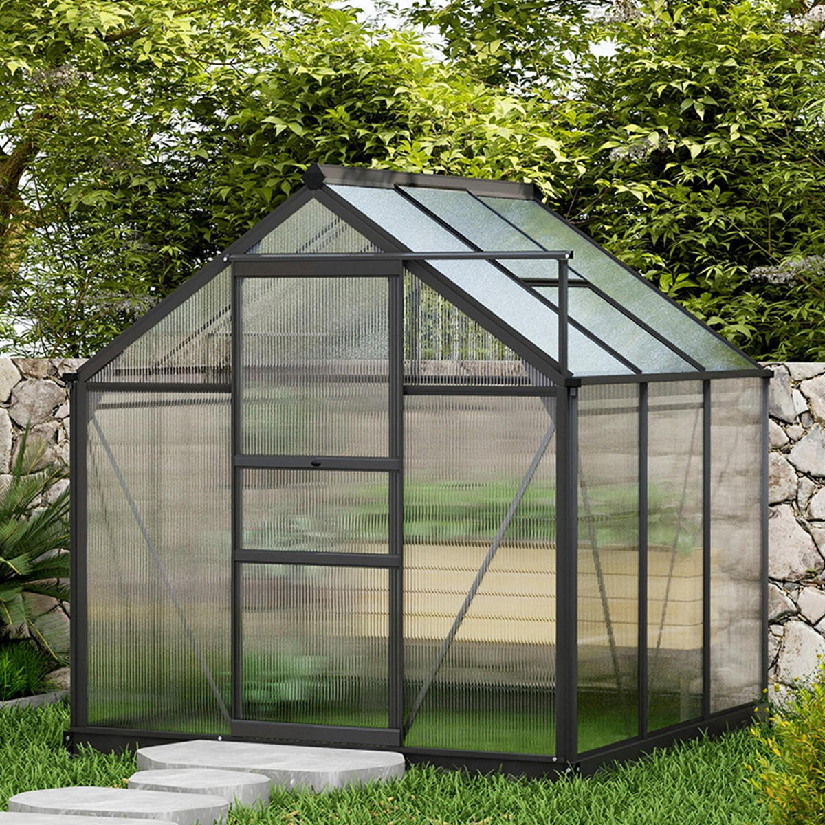 GEWÄCHSHAUS DE-11969 3,65 m² Polycarbonat mit Dachluke & Regenrinne Grau - Grau, Metall (487.68/510.54/482.6cm) - ComfortXL
