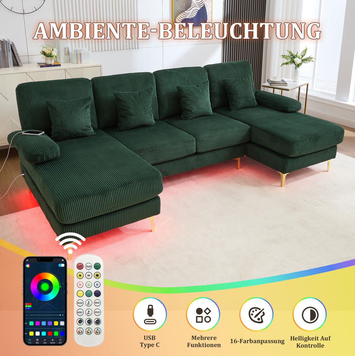 U-FORM Wohnlandschaft Samt mit LED und USB-Anschluss 265/135/88 cm Smaragdgrün - Smaragdgrün, Textil (135/88/265cm) - Redom