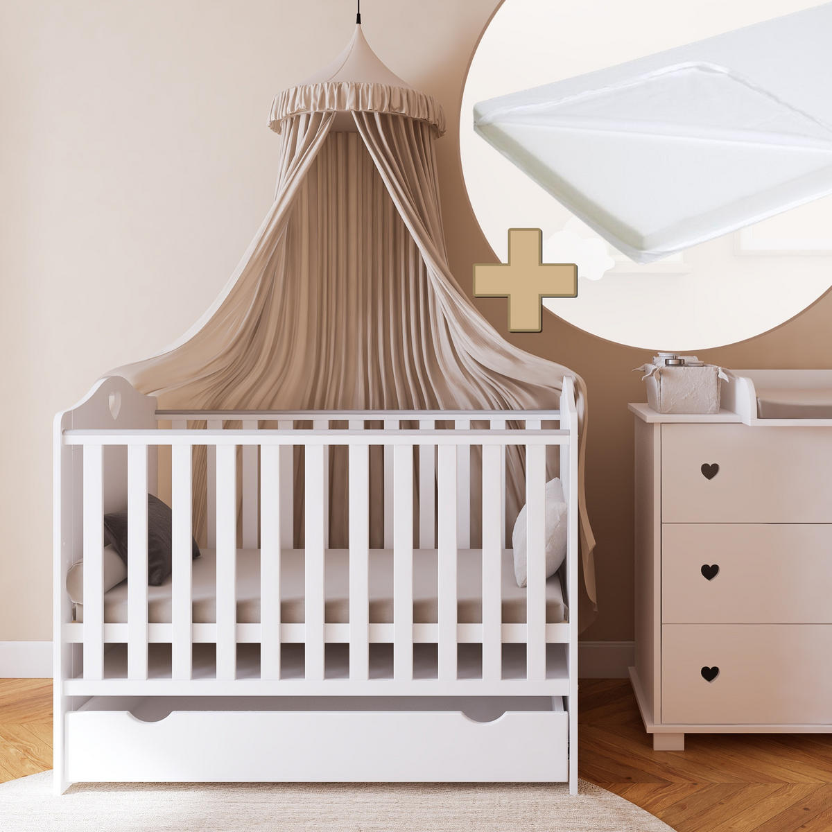 GITTERBETT Kleines Herz 2in1 mit Matratze - Weiß, Holzwerkstoff - kiki design