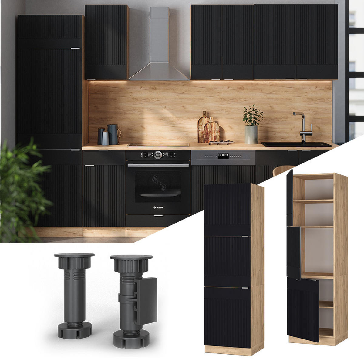 SKŘÍŇKA KE SPORÁKU Fame-Line, černé pruhy, 60 cm - medově dubová/černá, kompozitní dřevo (60/206.8/58cm) - Vicco