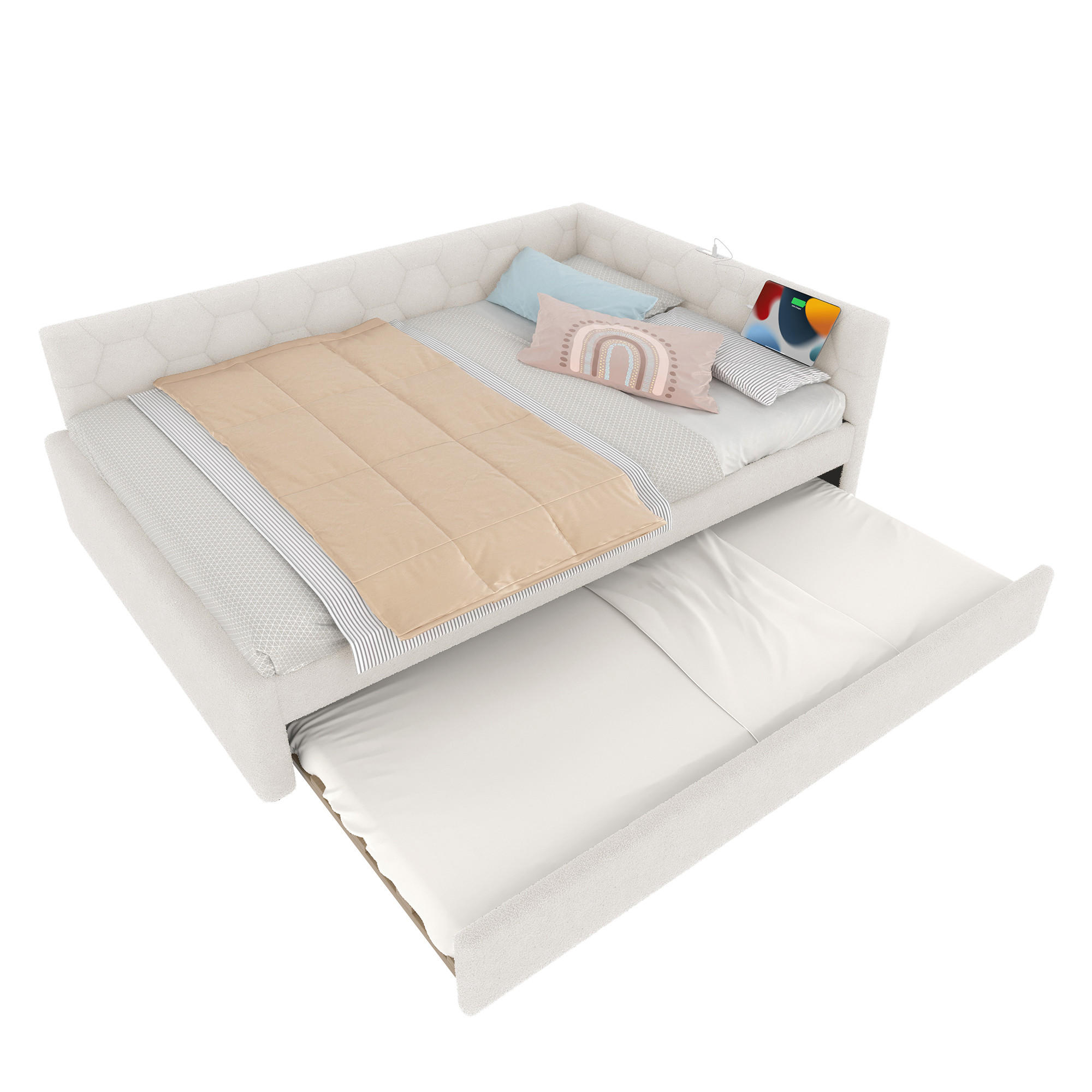 WISHDOR ROZKLÁDACÍ POHOVKA 140/200 cm & 89,5/188 cm z bílé látky s výsuvným lůžkem, USB, Type-C a lampičkou na čtení