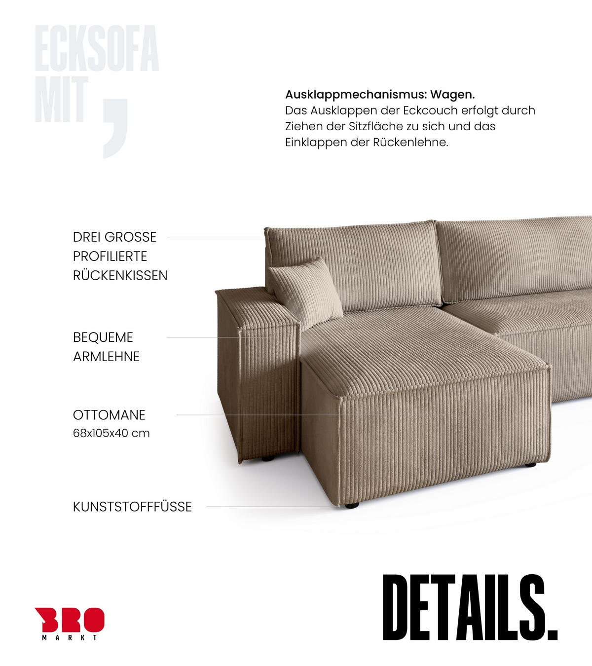 WOHNLANDSCHAFT ADI U mit Schlaffunktion Cordstoff Beige - Beige, Textil (312/85/143cm) - Bromarkt
