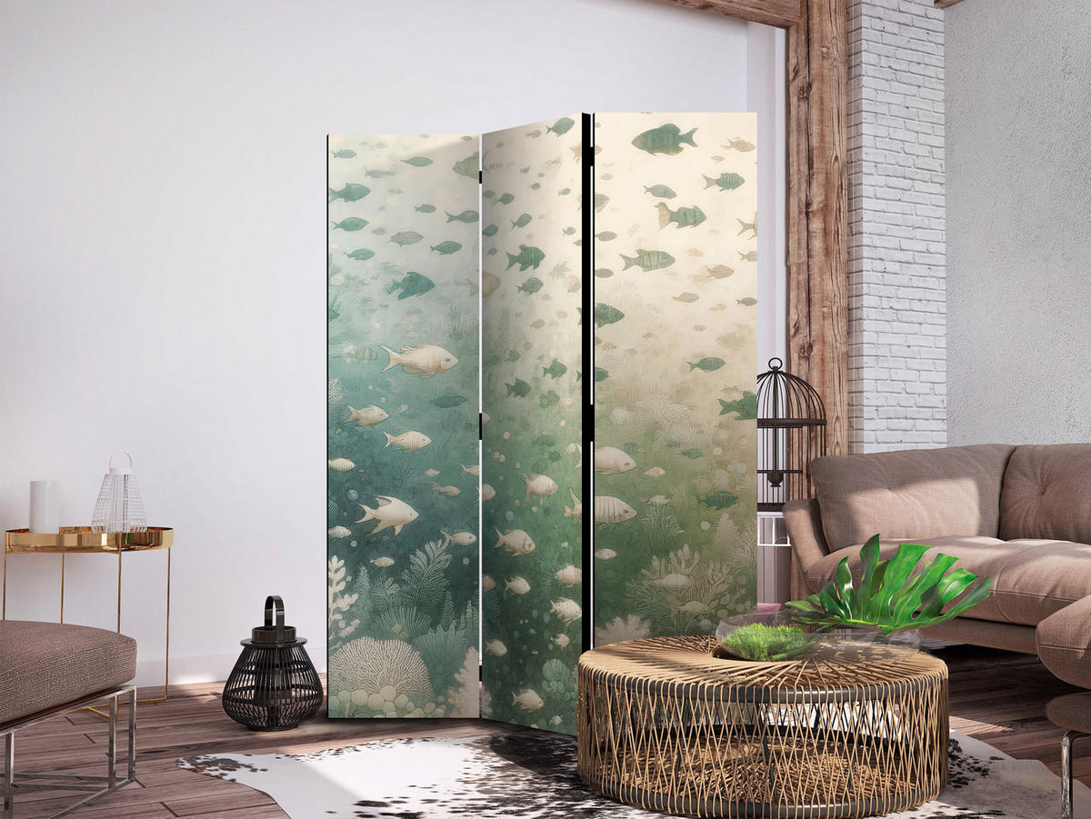 PARAVENT Einseitig Bedruckter 3-tlg 135x172 cm Fischschwarm im Boho Stil - Grün, Holz/Textil (135/172/3cm) - Muralo