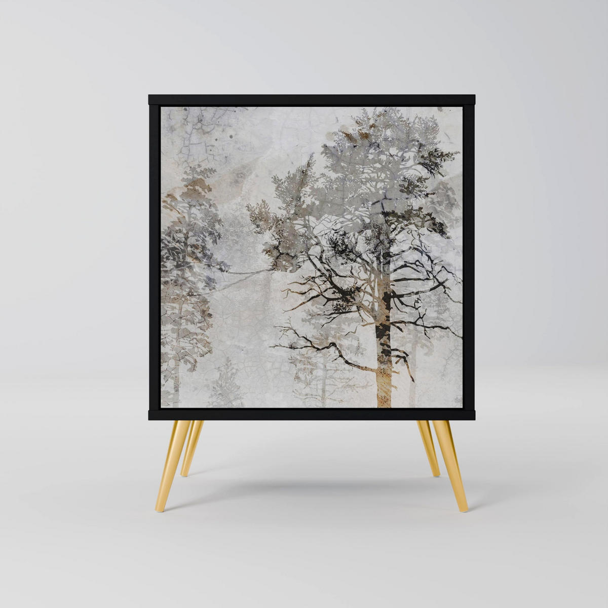 SIDEBOARD FADE IN THE TREES, Schwarz, 57,5x42x75,5 cm, Goldfarbene Metallfüße - Goldfarben/Multicolor, Holzwerkstoff/Metall (57.5/75.5/42cm) - SpaceRebels