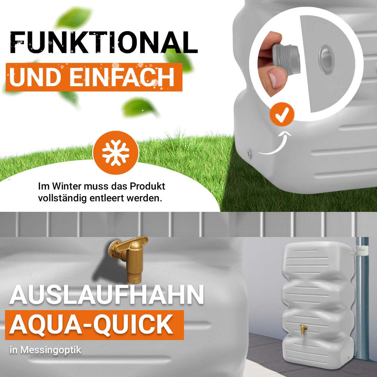 GARTENTANK Komplett-Set 340 L, betongrau inkl. Kunststoff-Auslaufhahn und Fallrohranschluss - Grau, Kunststoff (59/112/59cm) - GARANTIA