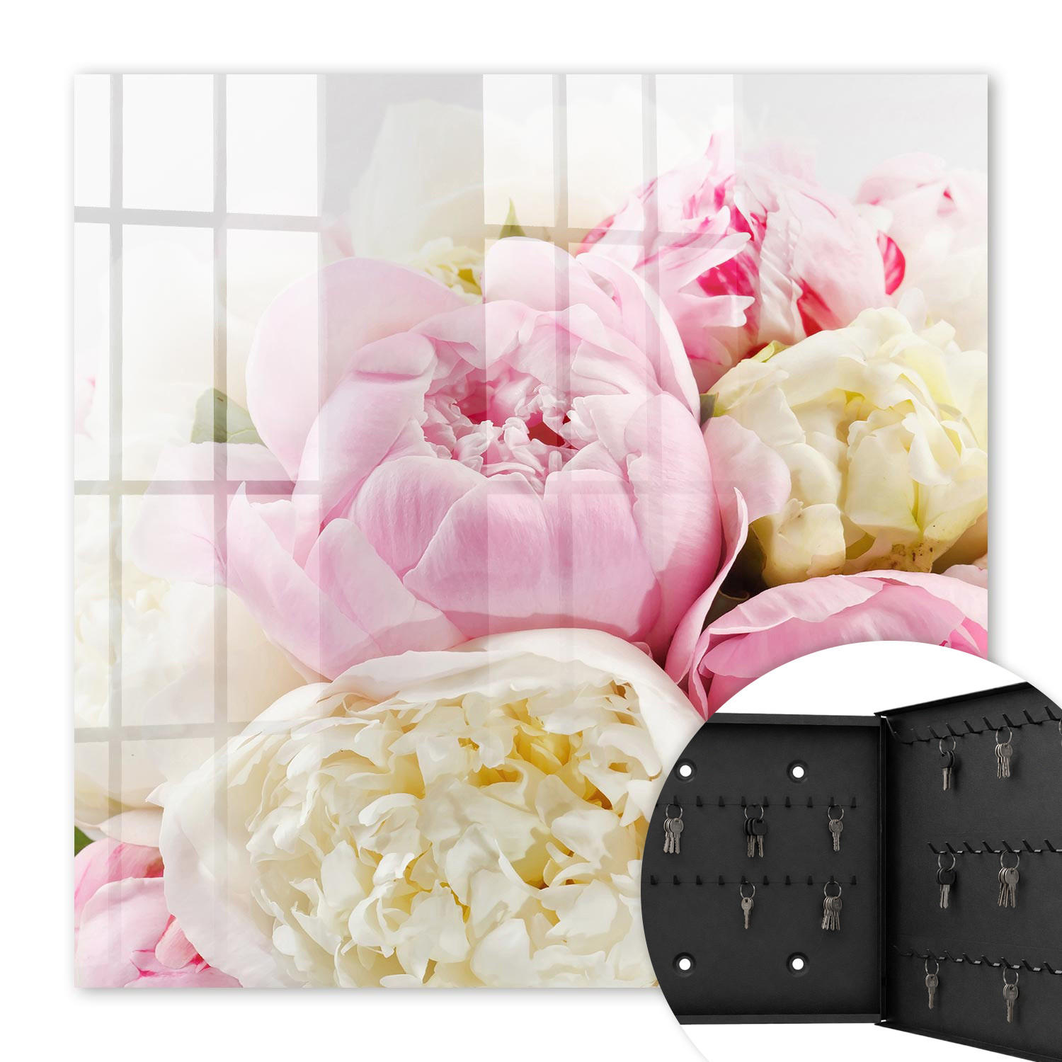 SCHLÜSSELBOX Schwarz 30x30 cm- Türöffnung nach rechts - Pastellblumen - Pink, Metall (30/30/5cm) - TULUP