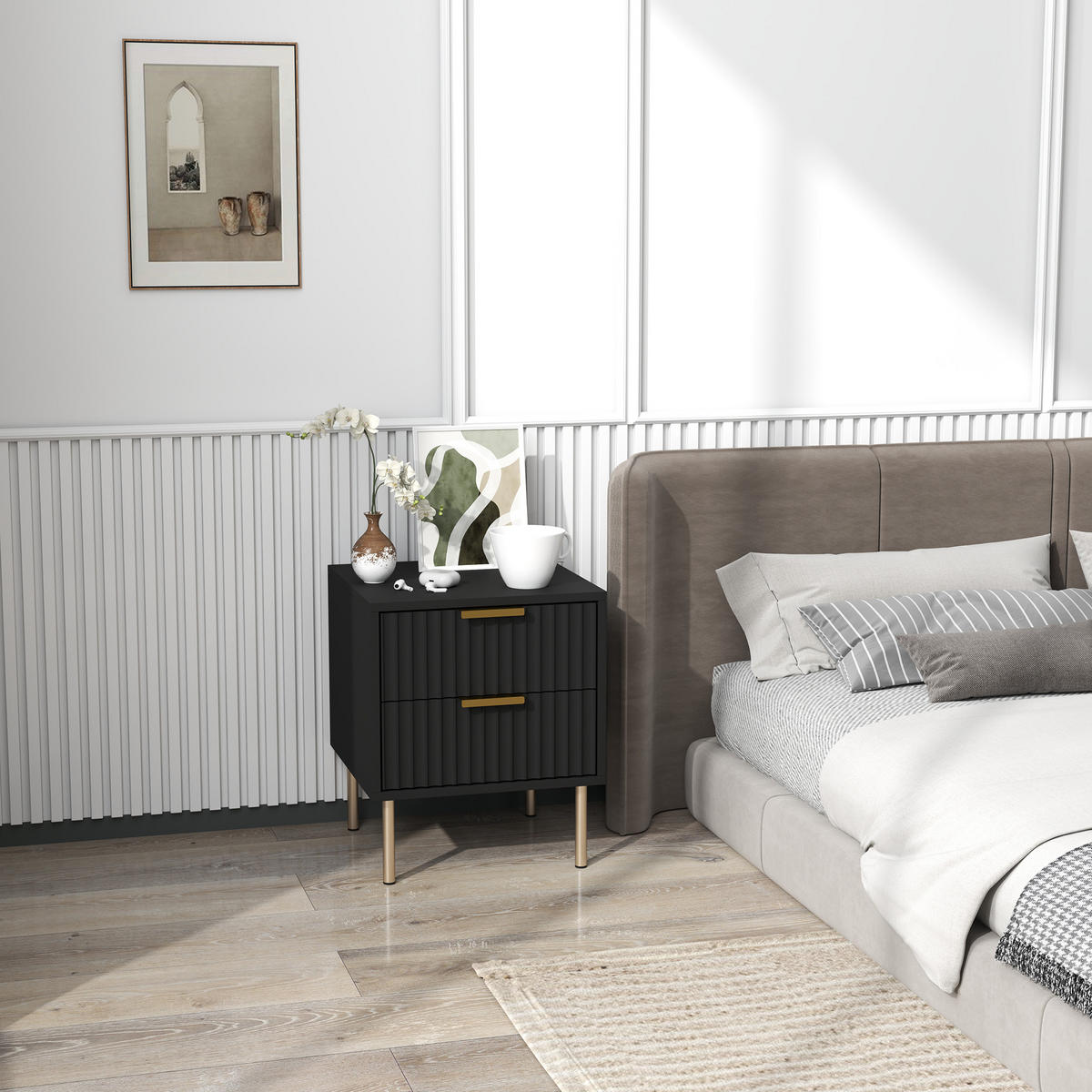 NACHTTISCH Schwarz MDF Stahl 2 Schubladen - Schwarz, Holzwerkstoff (40/48/39cm) - PANGIVO