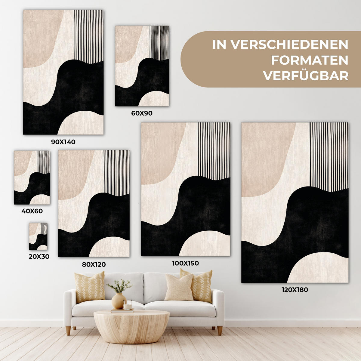 LEINWANDBILD Abstrakt - Japandi - Beige - Modern 20x30 cm - Schwarz, Textil (20/30cm) - MuchoWow