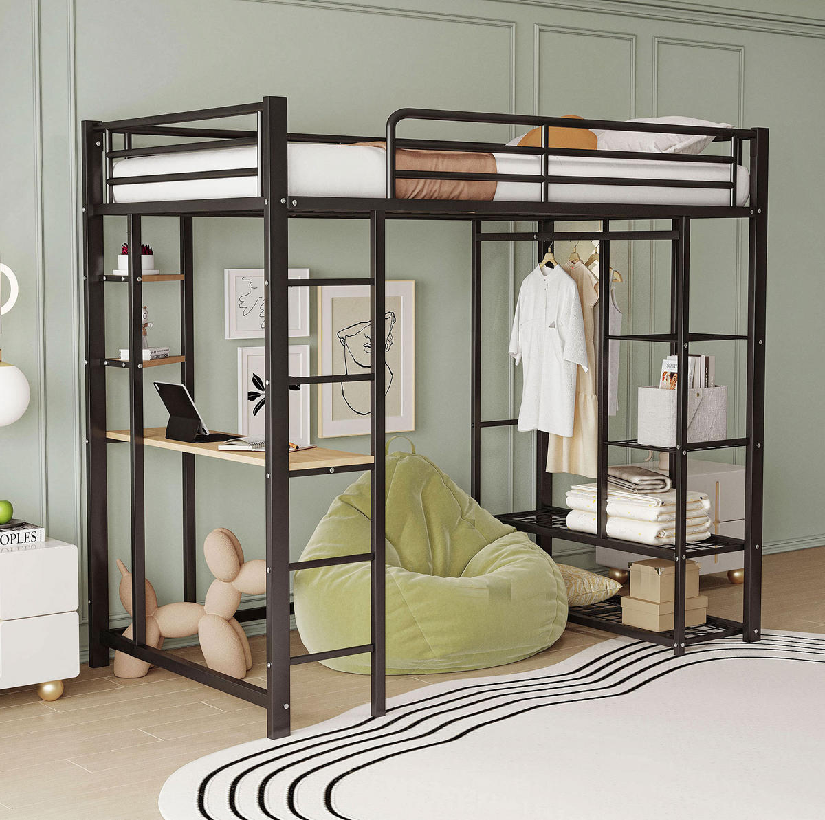 HOCHBETT 90/200 cm Schwarz aus MDF und Metall mit Schreibtisch - Schwarz, Metall (90/200cm) - OKMYHOME