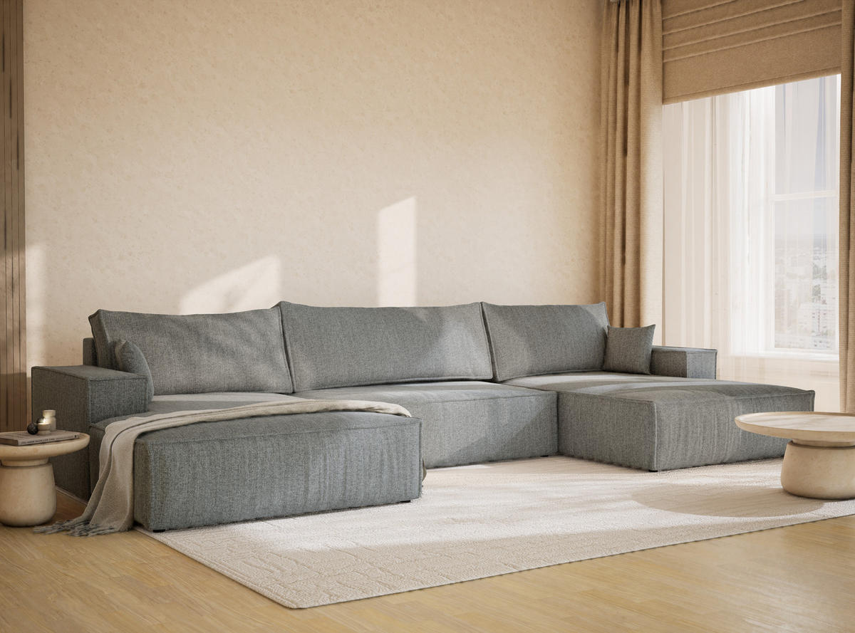 WOHNLANDSCHAFT Kyoto Blau grau Webstoff - Blaugrau/Schwarz, Holz/Holzwerkstoff (398/70/148cm) - Maison de Reve