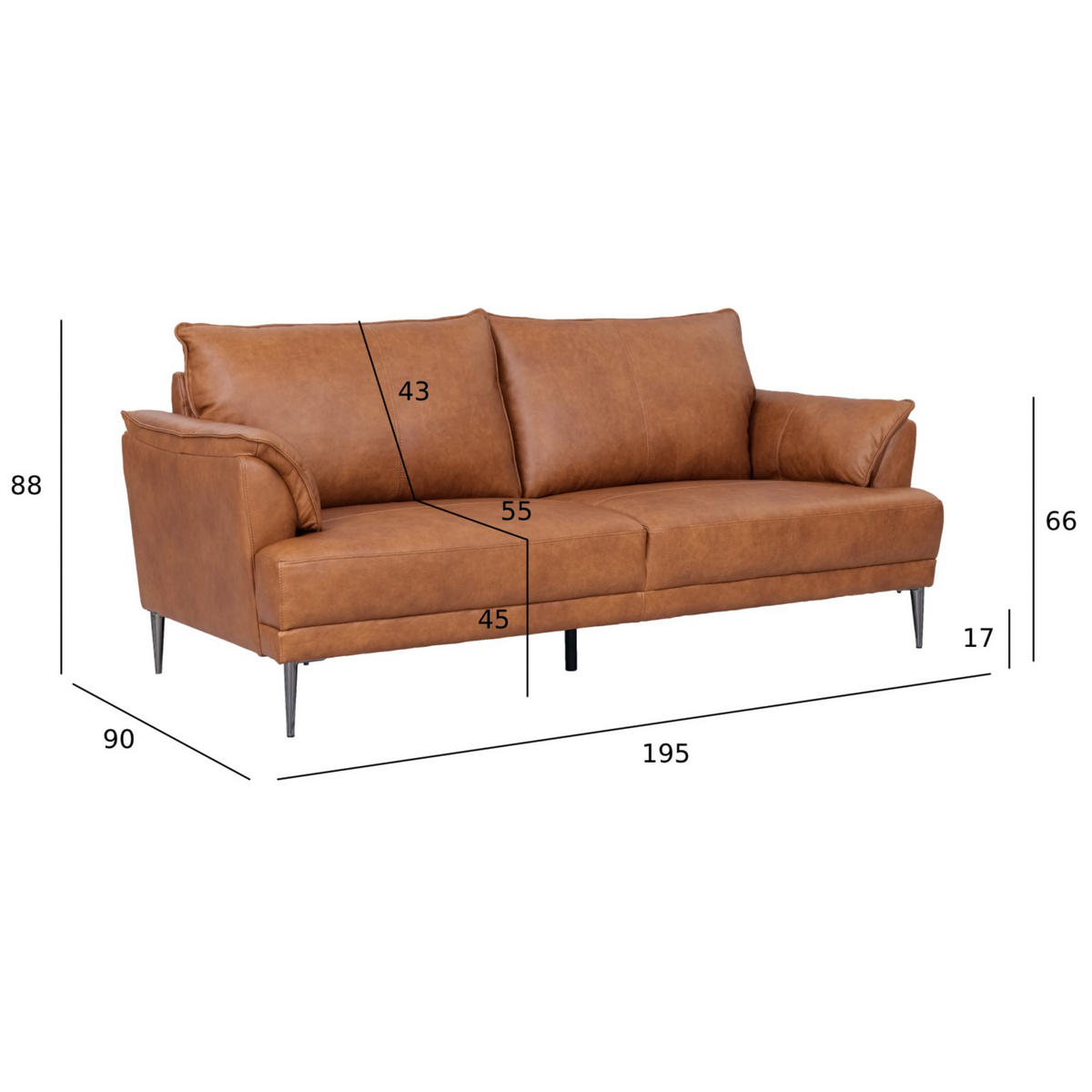 DREISITZER-SOFA Echtleder Braun - Schwarz/Braun, Leder/Metall (195/88/90cm) - Furnhouse