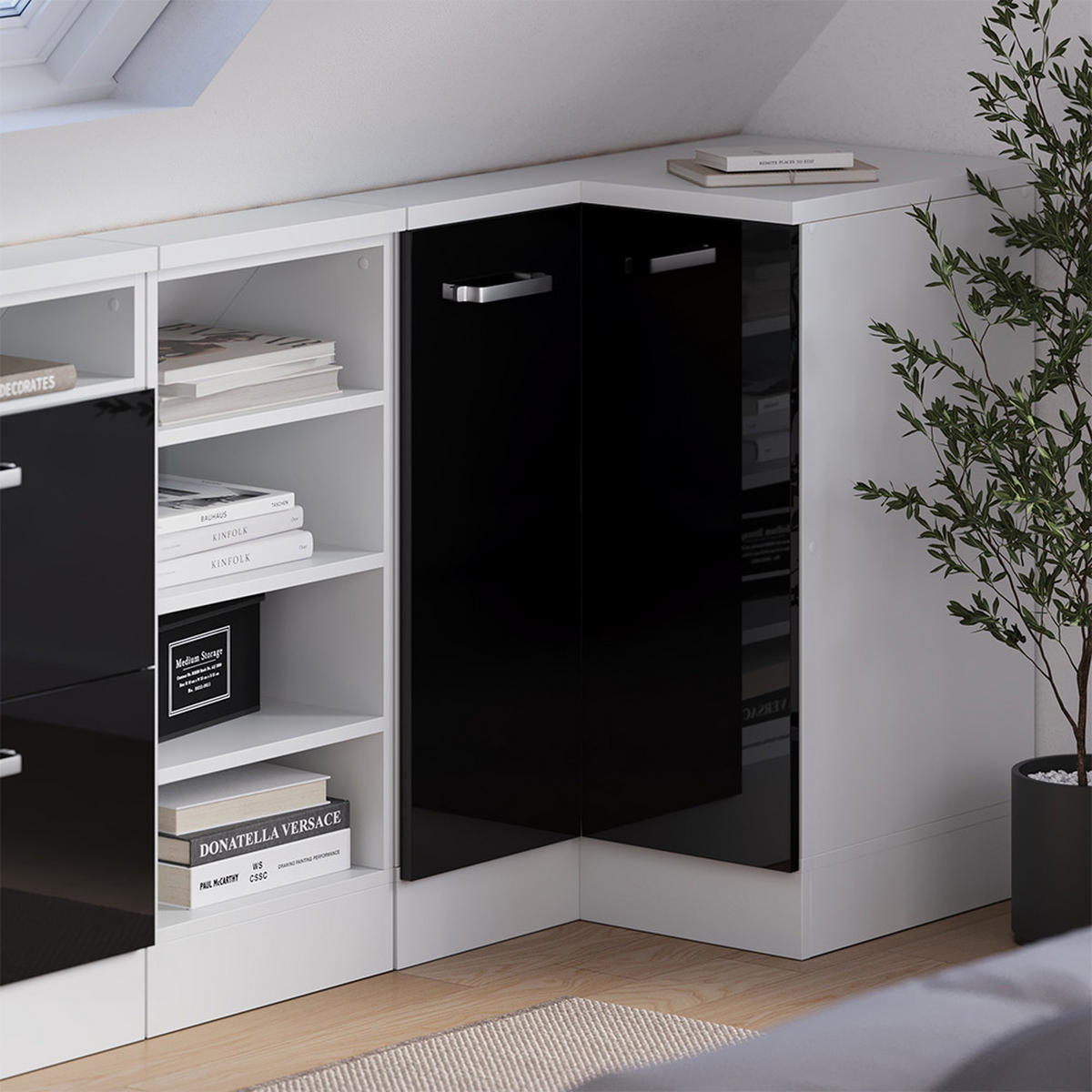 DACHSCHRÄGENSCHRANK ECKSCHRANK Rion Schwarz Hochglanz/Weiß 75.6 x 81.6 cm mit 1 Tür - Schwarz Hochglanz/Weiß, Holzwerkstoff (75.6/81.6/75.6cm) - Vicco