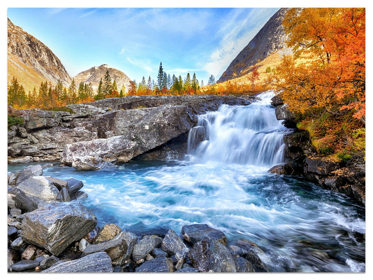 FOTOTAPETE Wasserfall Berge Wald Felsen 3D 300x210 - Blau/Gelb, Papier (300/210cm) - Muralo