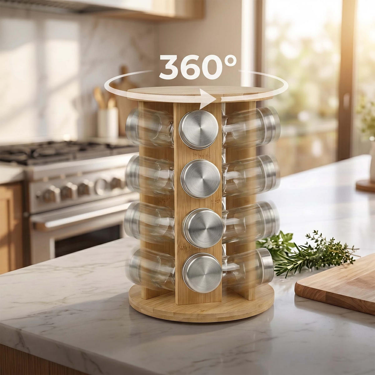 GEWÜRZKARUSSELL Natur 8er-Set Bambus drehbar - Multicolor, Glas/Holz (19/15/19cm) - Relaxdays