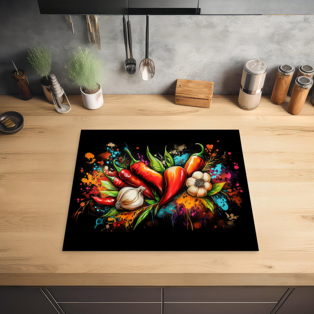 HERDABDECKPLATTE Gemüse - Paprika - Knoblauch - Graffiti - Farbe - Bunt 58x51 cm - Rot, Kunststoff (58.3/0.2/51.3cm) - MuchoWow