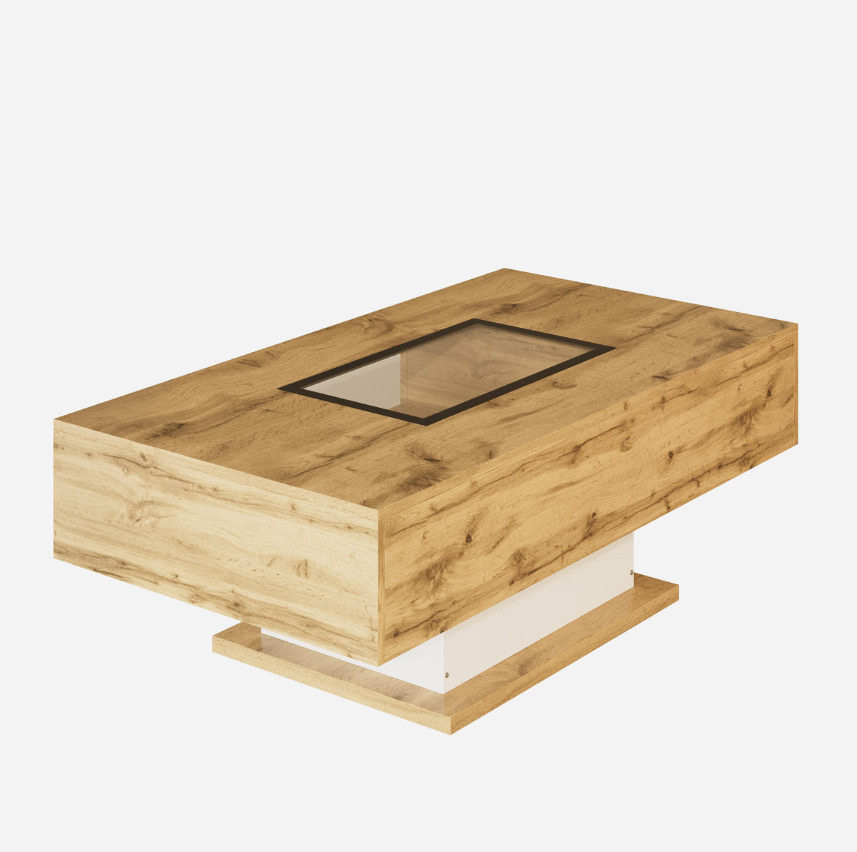 COUCHTISCH 110,2/60/39,7 cm aus Spanplatte mit LED-Beleuchtung, Glasplatte und 2 Schubladen, Natur/Weiß/Schwarz - Naturfarben, Holzwerkstoff (110.2/60/39.7cm) - Redom