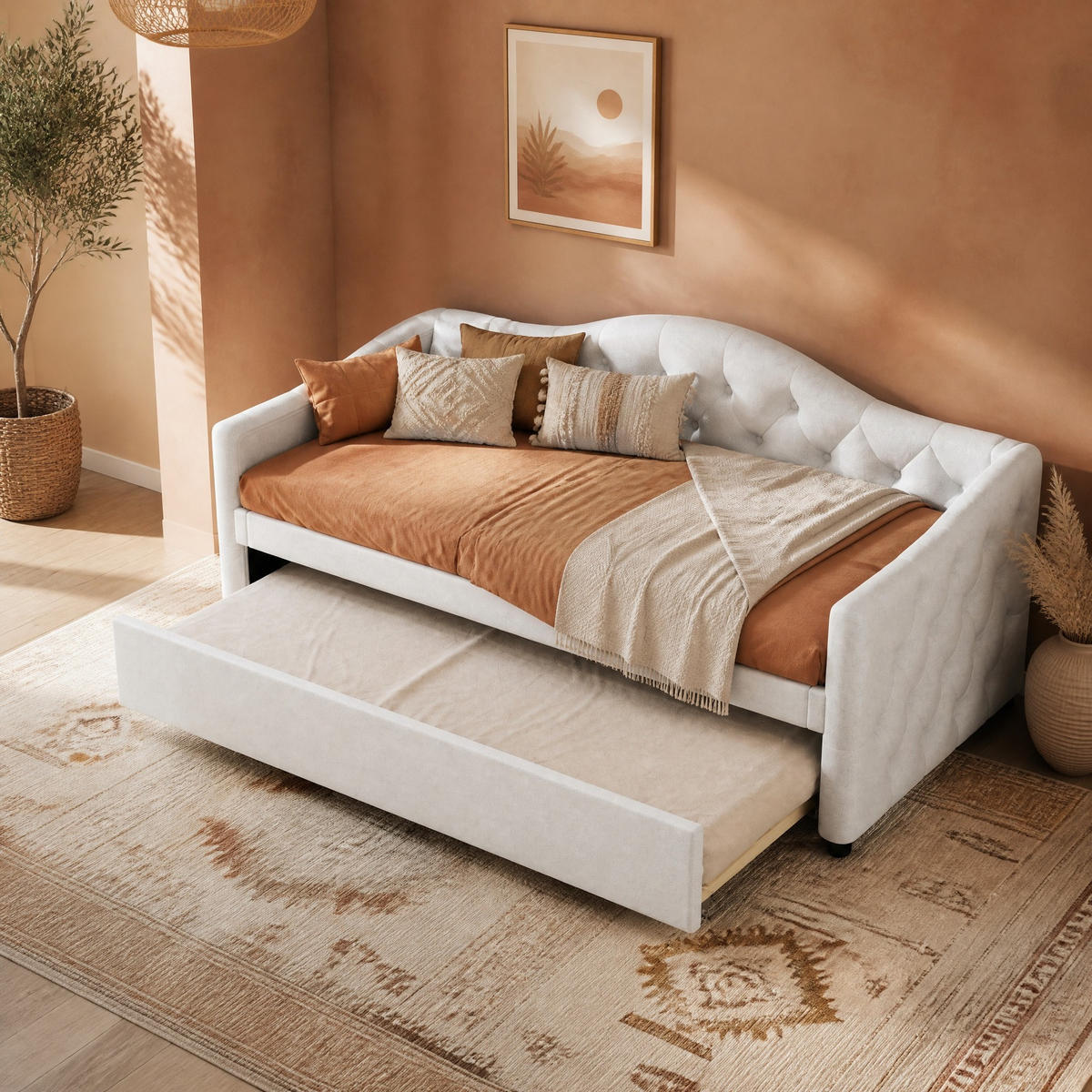 POLSTERBETT 90/200 mit Ausziehbett, Leinenbezug und MDF in Beige - Beige, Holzwerkstoff/Textil (90/200cm) - EVRYAE