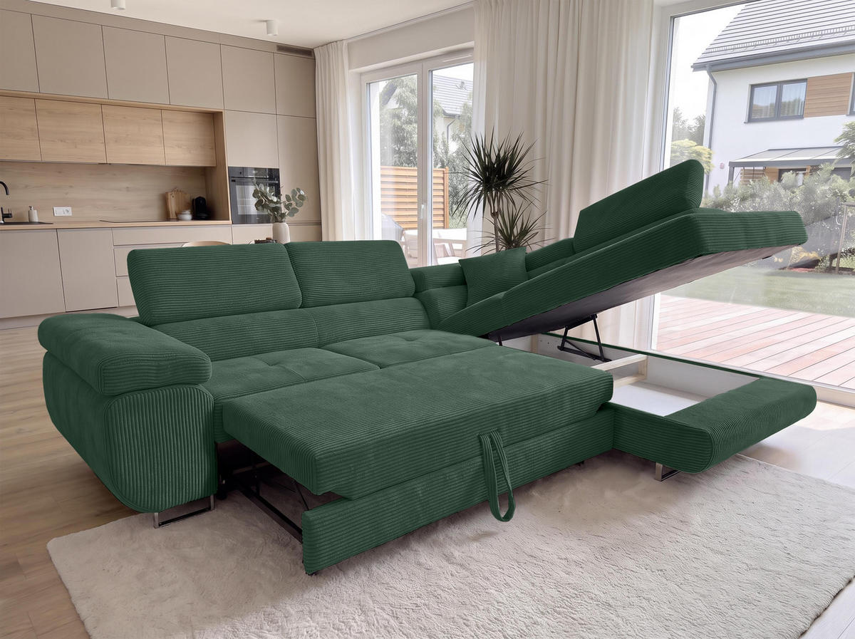 ECKSOFA L Form Konak Flaschengrün 276/201/90 cm Rechts mit Schlaffunktion - Dunkelgrün/Silberfarben, Textil/Metall (276/203cm) - AX Living