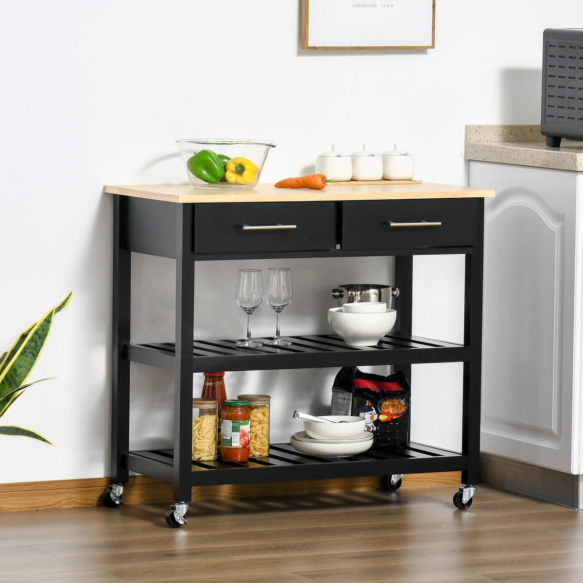 KÜCHENWAGEN, Küchenwagen mit Rollen, 2 Ablagen und 2 Schubladen, Schwarz-Naturholz-Finish, vielseitig einsetzbar - Multicolor, Metall (91.4/85/45.6cm) - FORIOUS