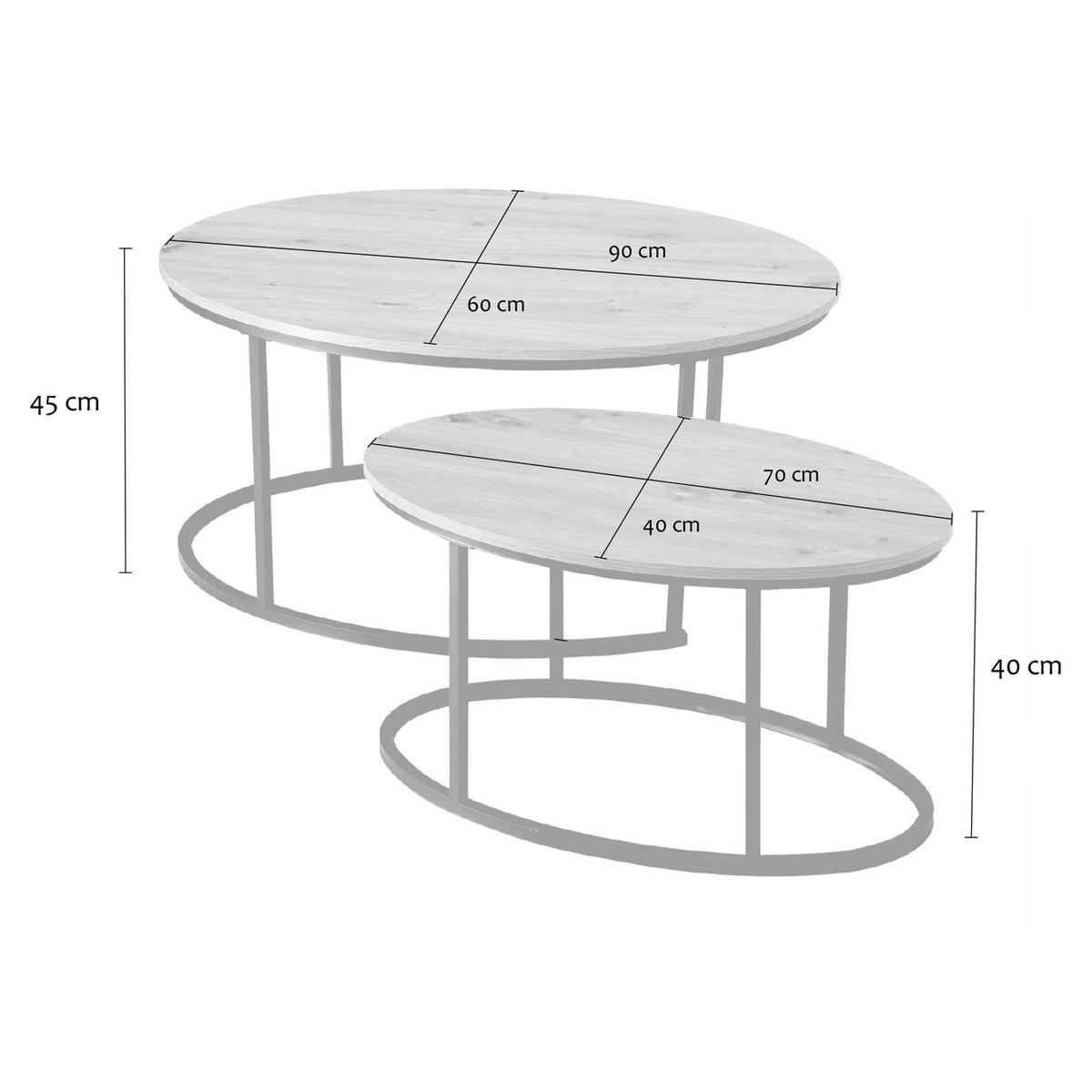 SET med 2 ovala soffbord i ekeffekt, 90 cm långa - LENNY - Askfärgad, Träbaserade material (66/60/45cm) - Calicosy