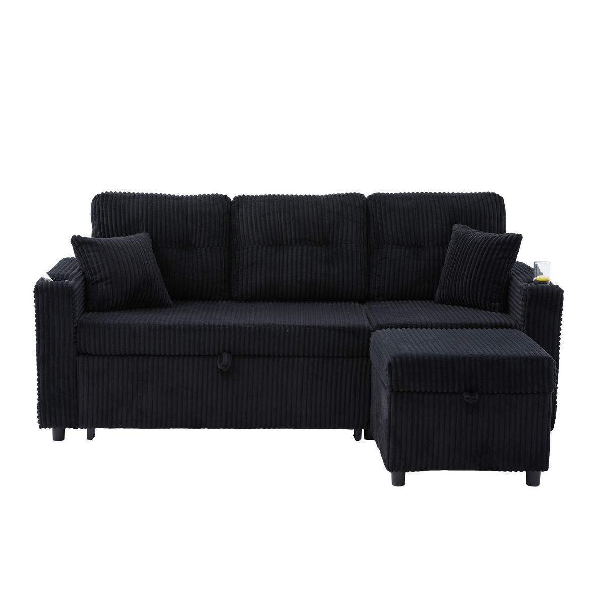 SCHLAFSOFA 3-er Sofa mit Schlaffunktion,Aufbewahrungshocker,Cord,Schwarz - Schwarz, Textil (196/85/119cm) - LVHOM