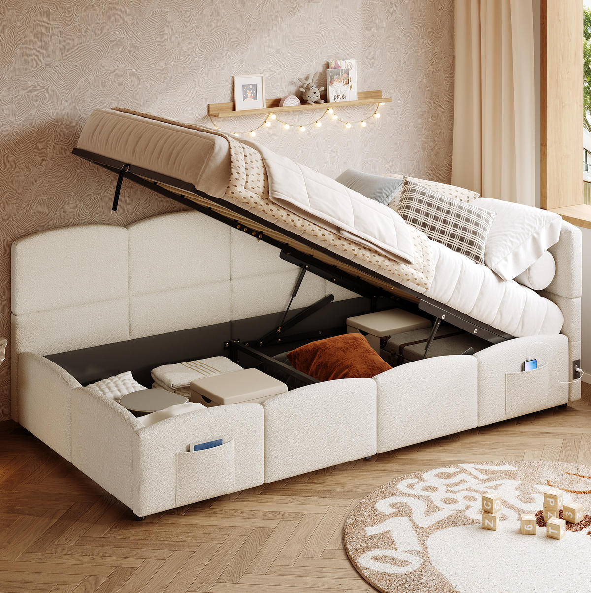 POLSTERBETT 90/200 cm Beige aus Bouclé mit Stauraum - Beige, Textil - OKMYHOME