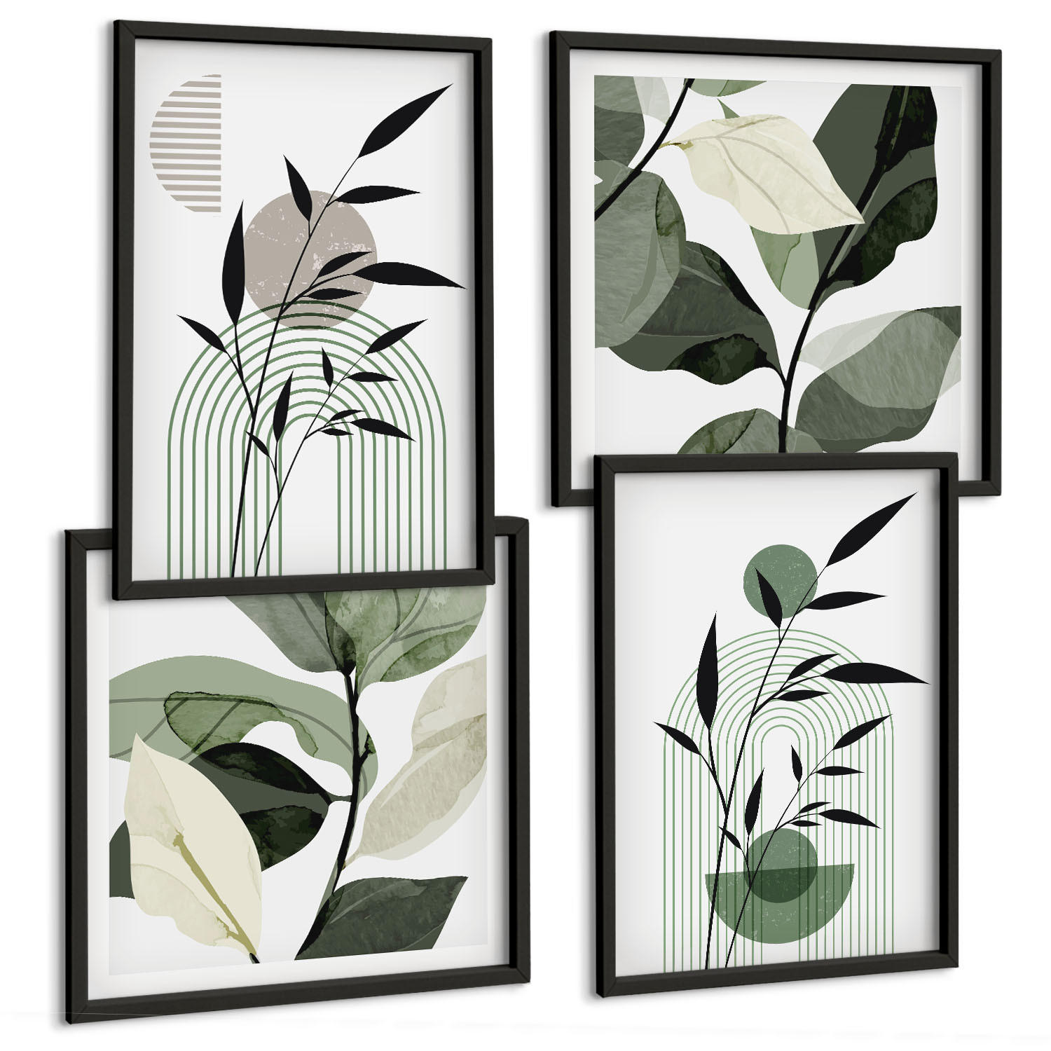 BILDER SET 4er Set - 50x50 cm & 40x60 cm Schwarzer Rahmen - Boho-Pflanzenkompositionen - Schwarz, Kunststoff (50/50cm) - TULUP