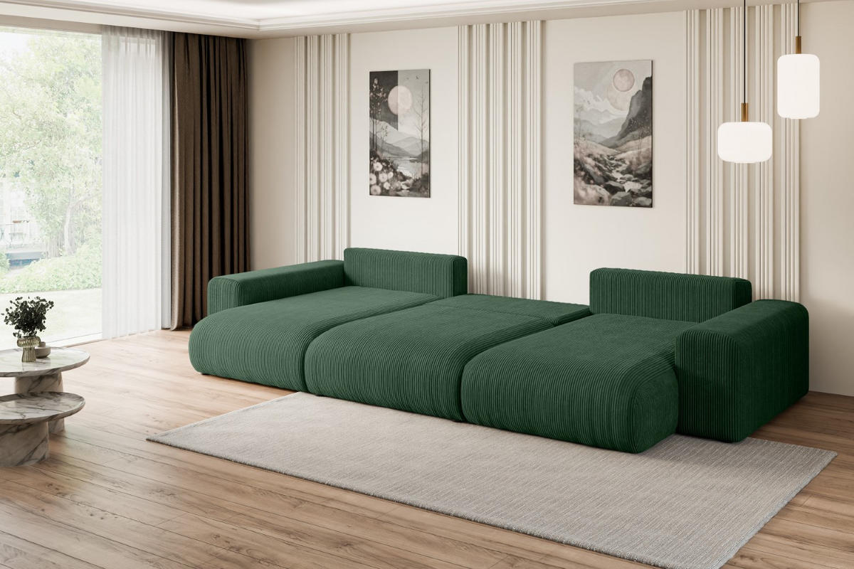 WOHNLANDSCHAFT mit Schlaffunktion und Bettkasten ESKAR-U -352x165x84cm Grün Cord - Schwarz/Grün, Holzwerkstoff/Kunststoff (352/84/165cm) - ALTDECOR