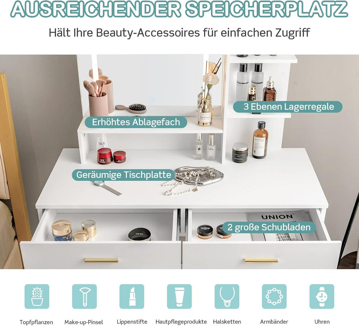 SCHMINKTISCH mit LED Beleuchtung Weiß - Weiß, Holz (45/137/100cm) - COSTWAY