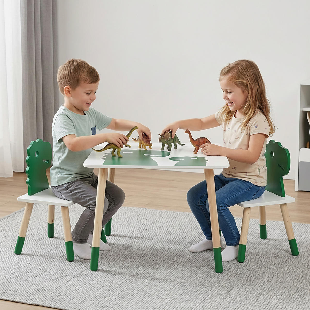 KINDERSITZGRUPPE Weiß Grün Natur 3-tlg. Tisch 2 Stühle - Multicolor, Holz/Holzwerkstoff (60/45/60cm) - Relaxdays