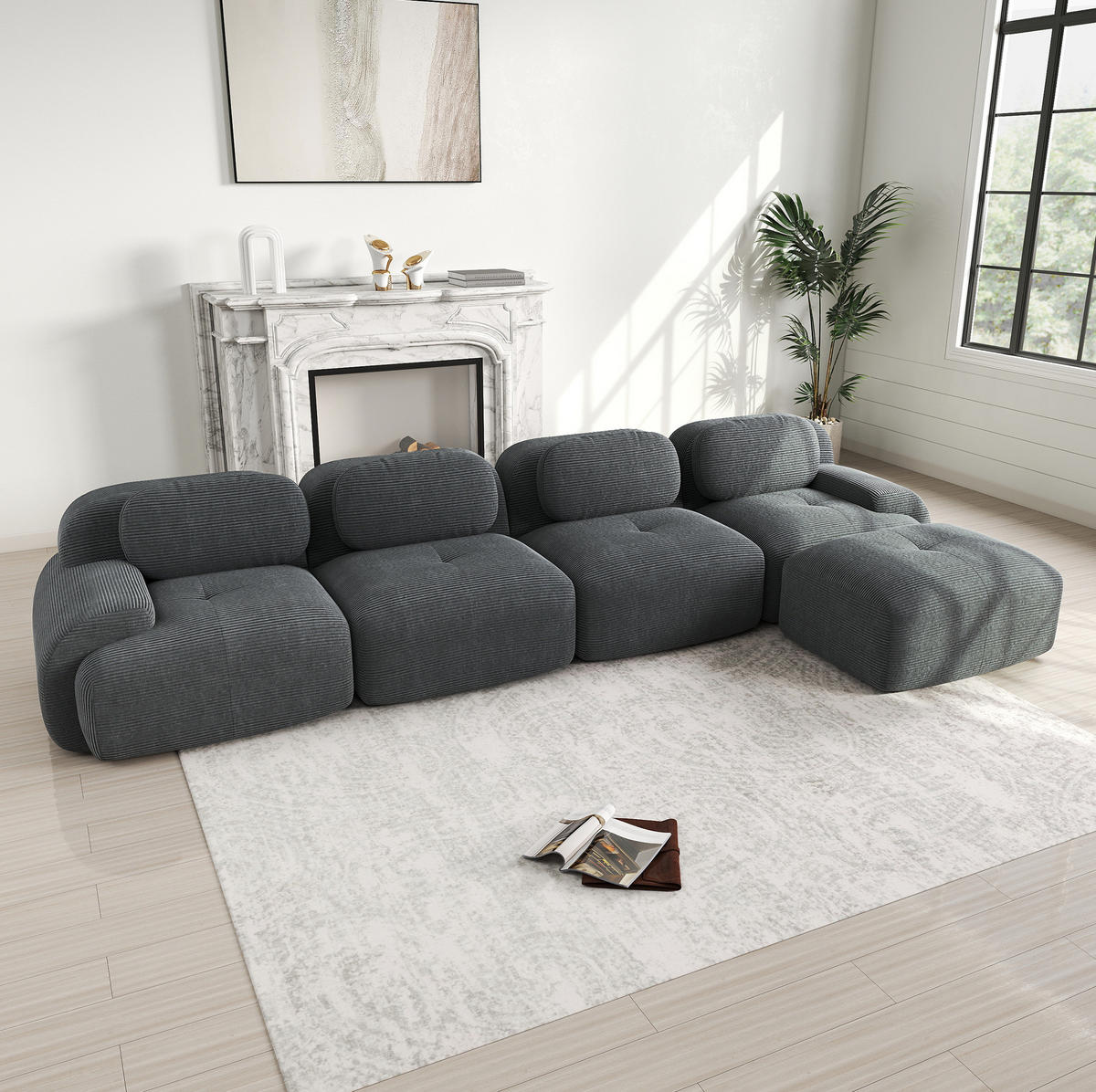 ECKSOFA 388/178/70 cm in Grau aus Cord mit Chaiselongue - Grau, Textil (178/388cm) - Flora Grace