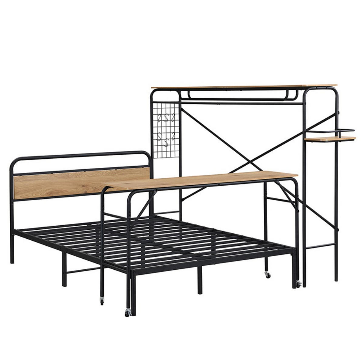 METALLBETT 140x200cm in Schwarz + Natur mit Flachbetten + Tisch + Vertikaler Garderobenständer - Naturfarben, Metall (140/200cm) - KOMHTOM