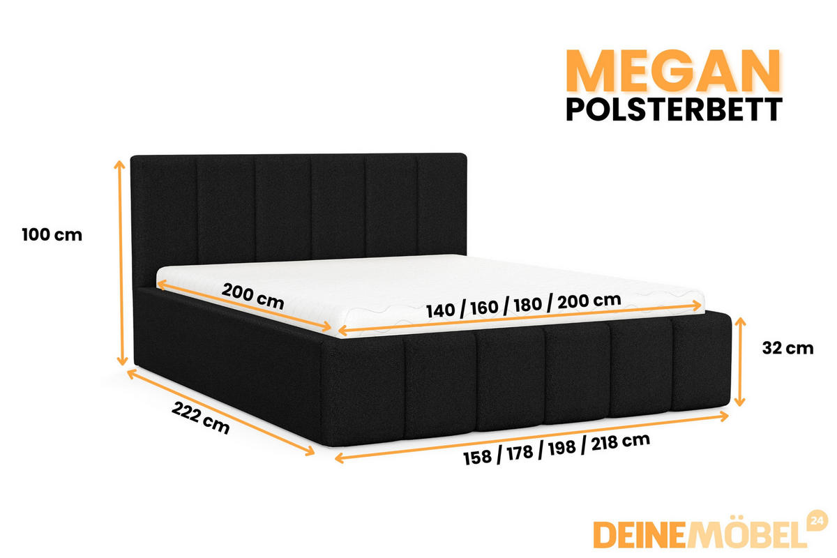 POLSTERBETT MEGAN 160/200 in Boucle Schwarz - Schwarz, Holz/Holzwerkstoff (160/200cm) - Deine Möbel 24