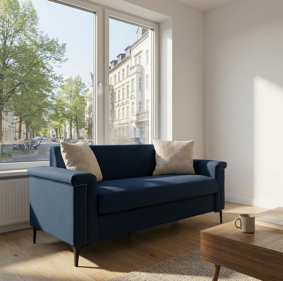 2-SITZER Sofa Polyester-Feinleinen mit Nieten und Metallfüßen 172/73.5/81.5 cm Blau - Blau, Textil (73.5/81.5/172cm) - Redom