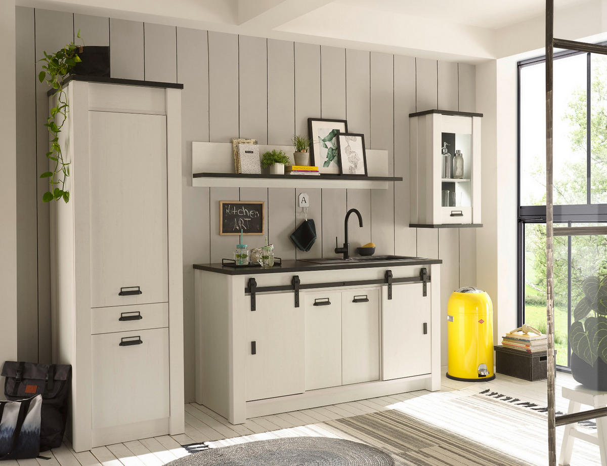 KÜCHEN-SET weiß Pinie, anthrazit 4-teilig, Küchenschrank Set im Landhaus-Stil - Anthrazit/Schwarz, Glas/Holzwerkstoff (161/201/64cm) - Furn.Design